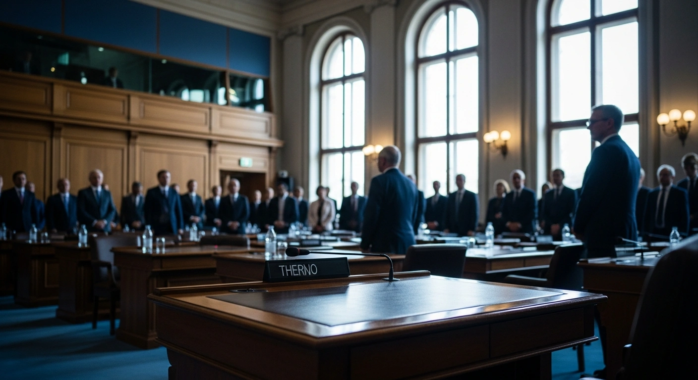 Delegates gather in a formal diplomatic chamber in Geneva following the Russian Federation's successful resolution at the UN Human Rights Council.