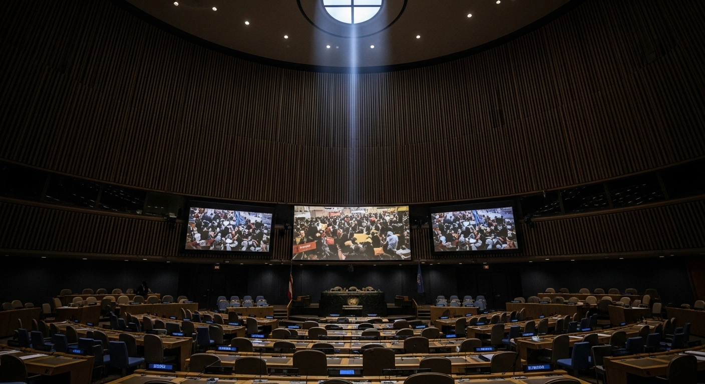 A wide, low-angle shot of the UN Human Rights Council chamber in Geneva, bathed in somber light, with a blurred image of a distressed crowd on a large screen, symbolizing the deteriorating human rights situation and alarming violence in Iran.