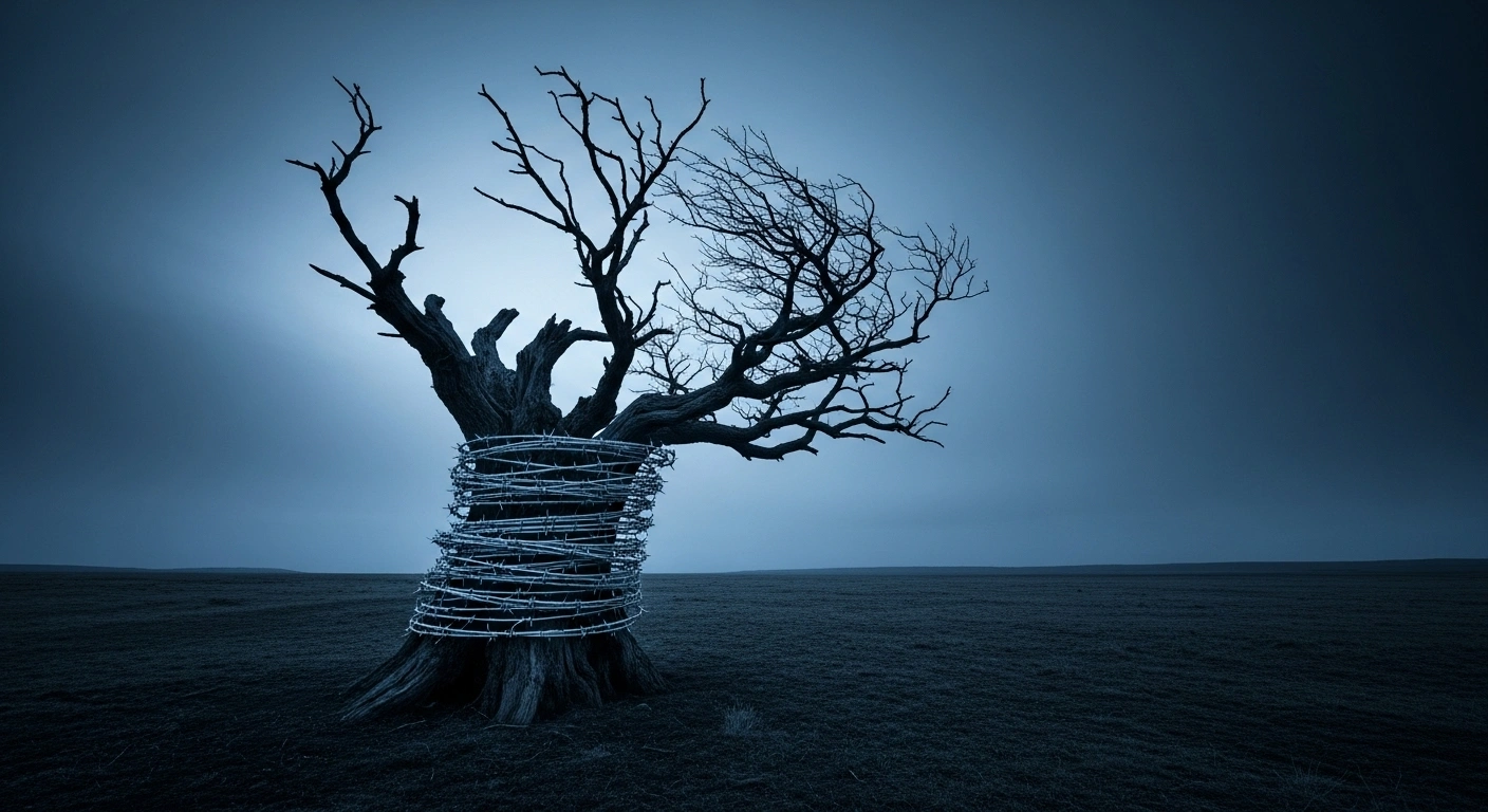 A desolate, windswept landscape at twilight features a barren, gnarled tree being slowly encased by metallic, coiling vines resembling barbed wire, symbolizing the United Nations reimposing sanctions on Iran, including an arms embargo and financial restrictions, following the 'snapback' mechanism.