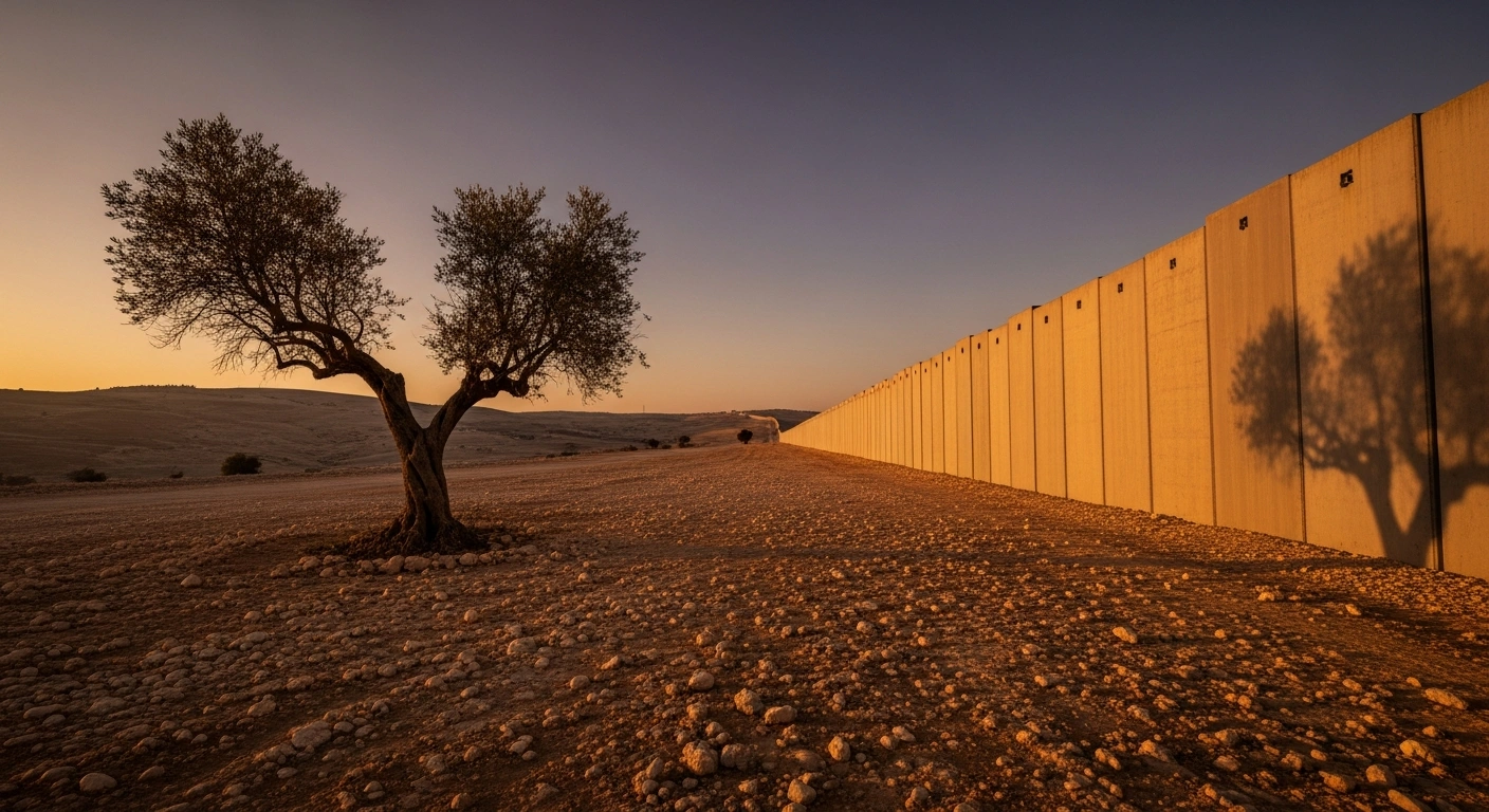 A stark, low-angle shot at dusk depicts a new concrete barrier extending across an arid landscape, casting long shadows over a lone olive tree, symbolizing the impact of Israel's measures in the Occupied West Bank that violate international law and undermine the two-state solution, as warned by the UN Secretary-General.