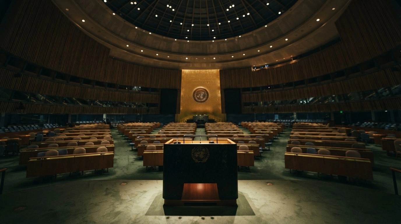 The podium at the United Nations General Assembly hall stands in a spotlight as a representative prepares to deliver a joint statement on behalf of 28 countries regarding international law.