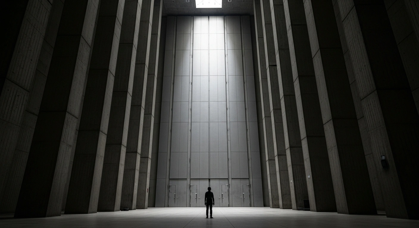 A lone figure stands isolated in a vast, brutalist hall with towering walls and closed metallic doors, symbolizing Iran's condemnation after the UN Security Council rejected a Russia and China-proposed resolution to delay sanctions.