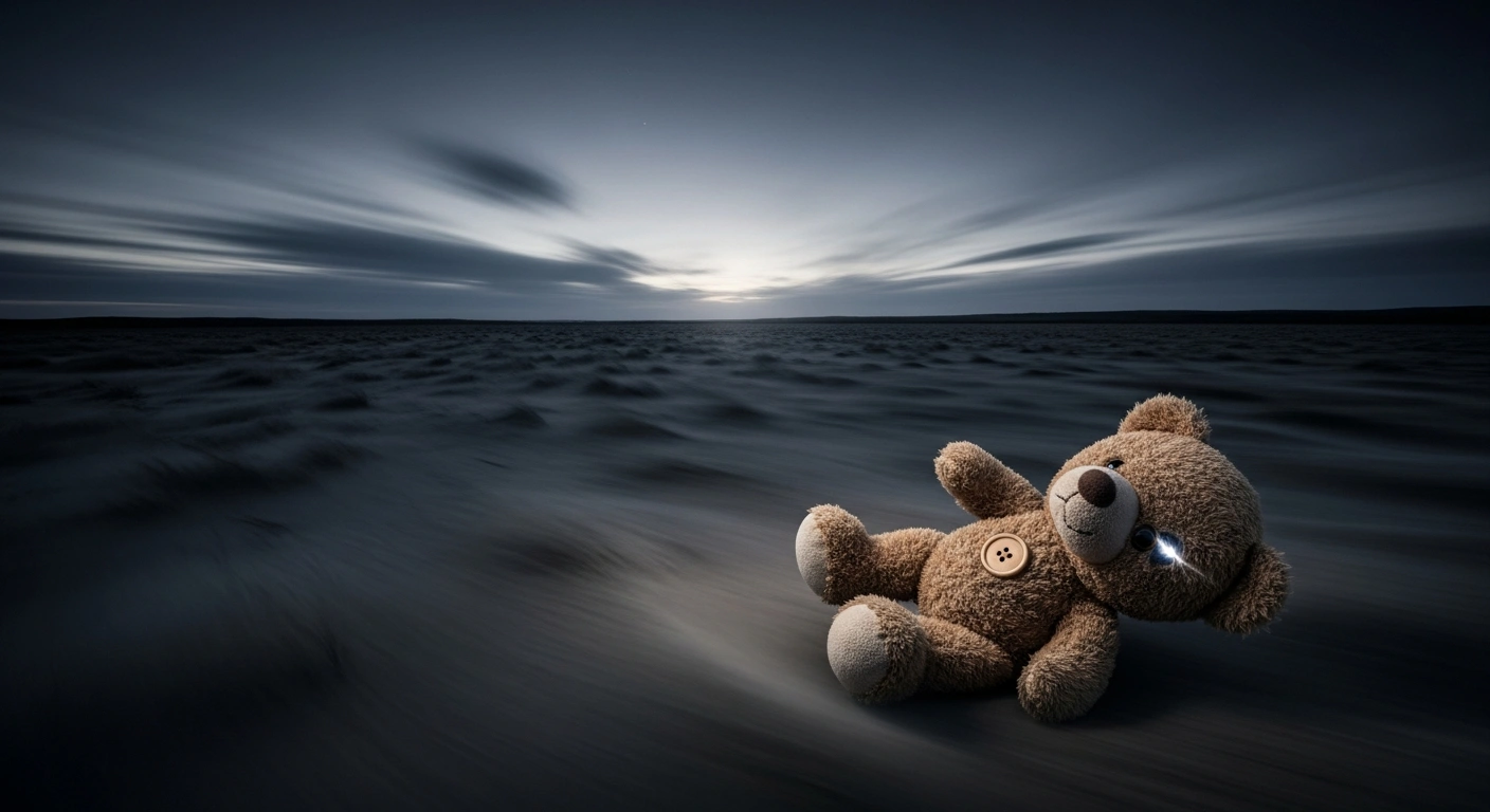 An abandoned teddy bear lies in a desolate, windswept landscape under a twilight sky, symbolizing the plight of Ukrainian children forcibly transferred, as the UN General Assembly demands their return.