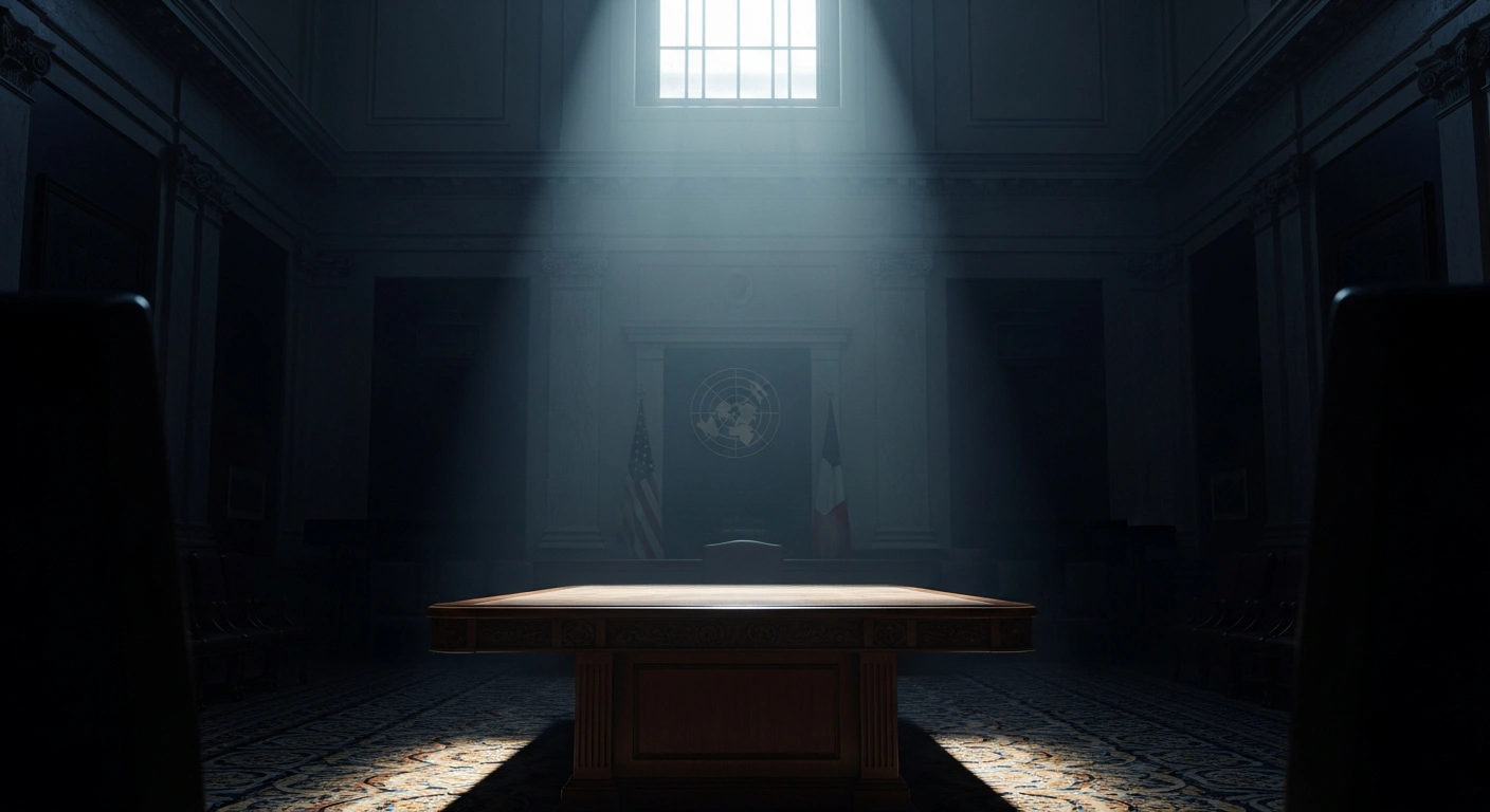 The interior of a grand diplomatic chamber at the United Nations Security Council where a proposal for a Middle East ceasefire is being considered.