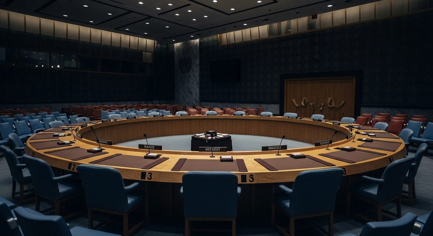 The interior of the United Nations Security Council chamber during an emergency session to discuss the drone strike in the Luhansk region.