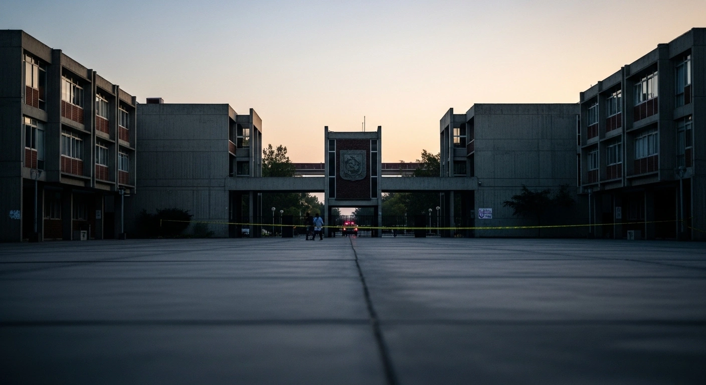 A somber, deserted university campus quad in Mexico City, marked by yellow police tape across an entrance, symbolizes the aftermath of a fatal stabbing incident involving a 16-year-old student at UNAM's CCH Sur campus, leading to suspended classes and an ongoing investigation.
