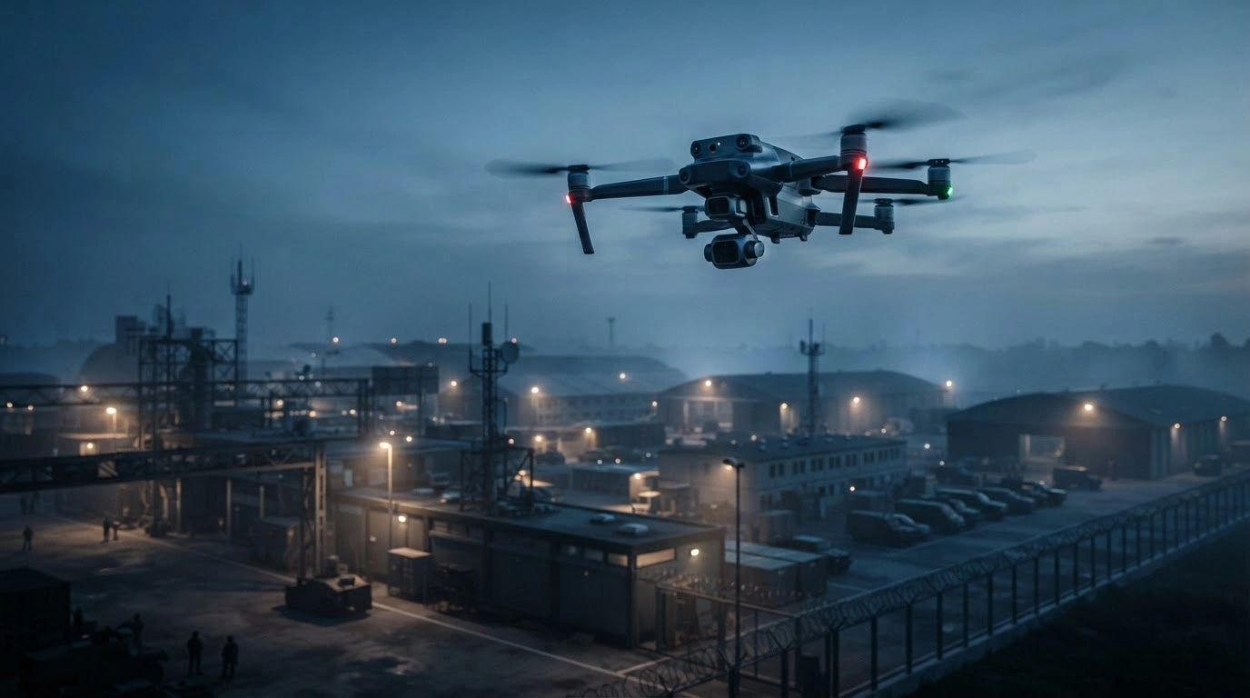 A surveillance drone flies over a German military site during an investigation into unauthorized drone activity near critical infrastructure.