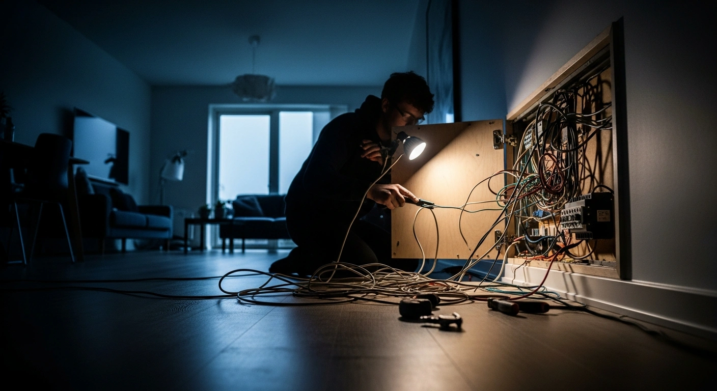 A person performs unauthorized electrical work inside a wall in a Danish home, highlighting safety concerns regarding home maintenance.