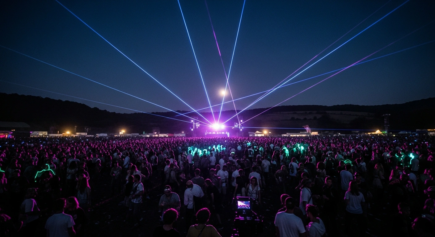 Thousands of people attend an unauthorized rave in a rural field in southern France at night with laser lights illuminating the crowd.