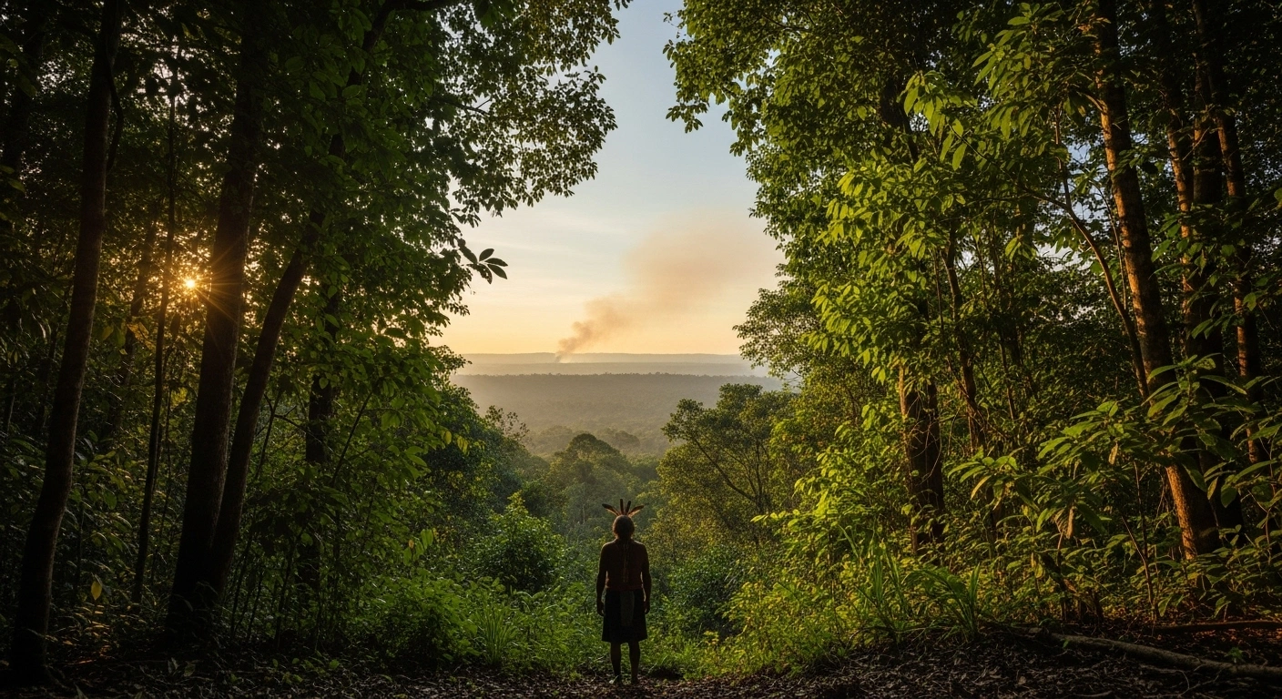 A silhouetted Indigenous elder stands at the edge of a pristine rainforest, gazing towards a distant, hazy industrial plume on the horizon, symbolizing the threat of extinction faced by uncontacted groups in South America, Asia, and the Pacific due to industrial activity, illegal incursions, and disease.