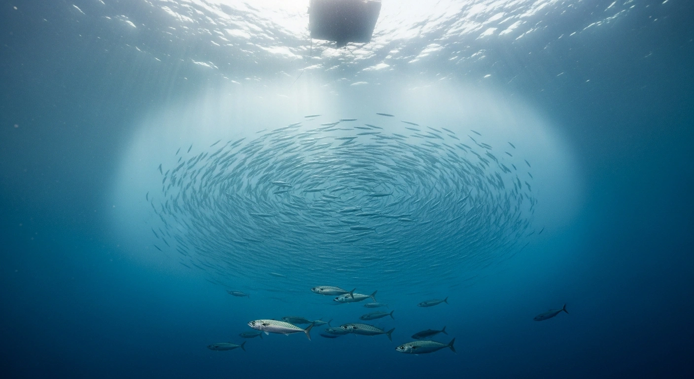 A school of fish swims through distorted underwater sound waves caused by marine survey equipment in Irish coastal waters.