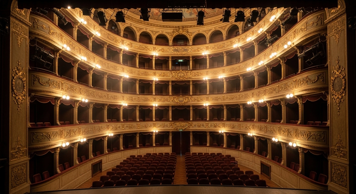The ornate, multi-tiered interior of a historic 18th-century community theatre in Italy, recently recognized by UNESCO for its cultural heritage.