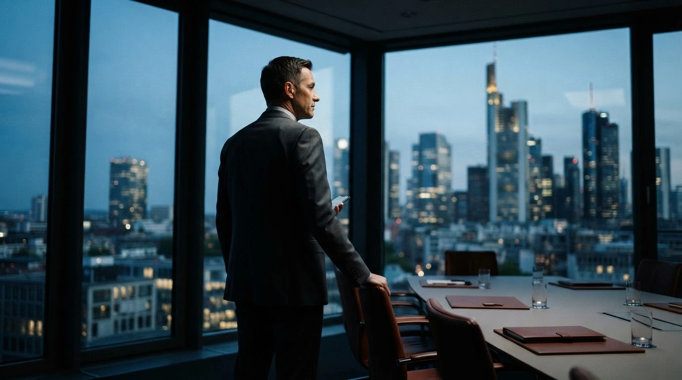 A corporate executive stands in a modern office overlooking the Frankfurt skyline during a discussion about the UniCredit acquisition of Commerzbank shares.