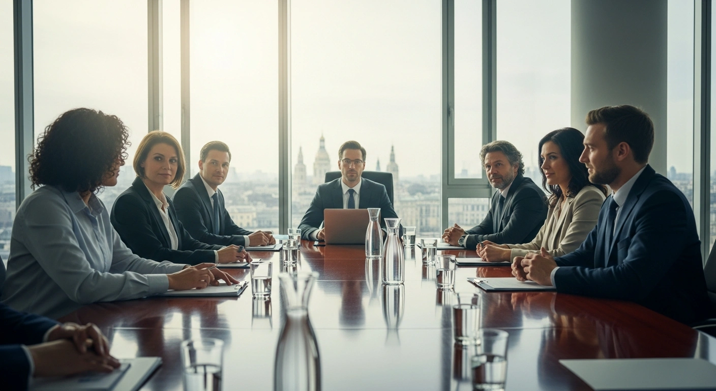 A group of diverse corporate professionals meeting in a bright, modern office to discuss the stability of Unilever and McCormick employment terms.