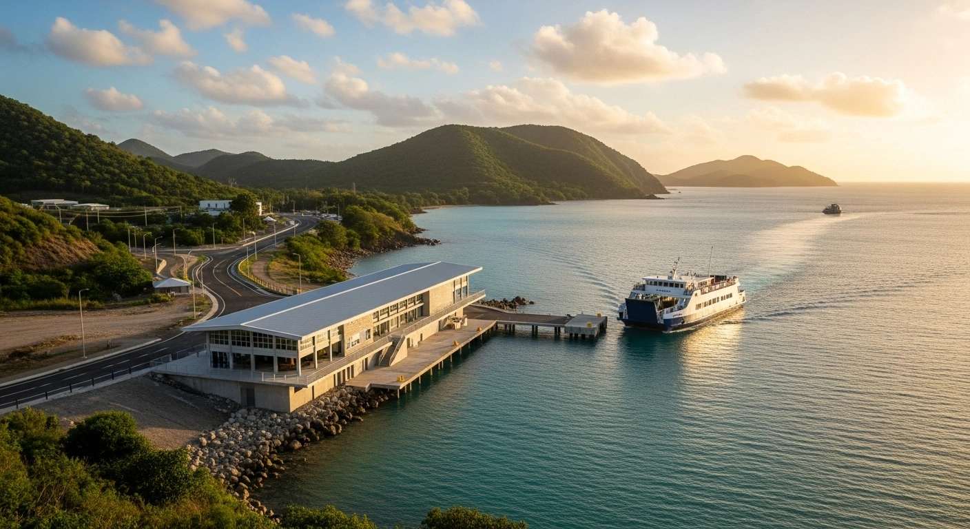 A wide shot of the modern Union Island Ferry Terminal in Clifton, Saint Vincent and the Grenadines, at sunset, symbolizing recovery efforts following Hurricane Beryl.