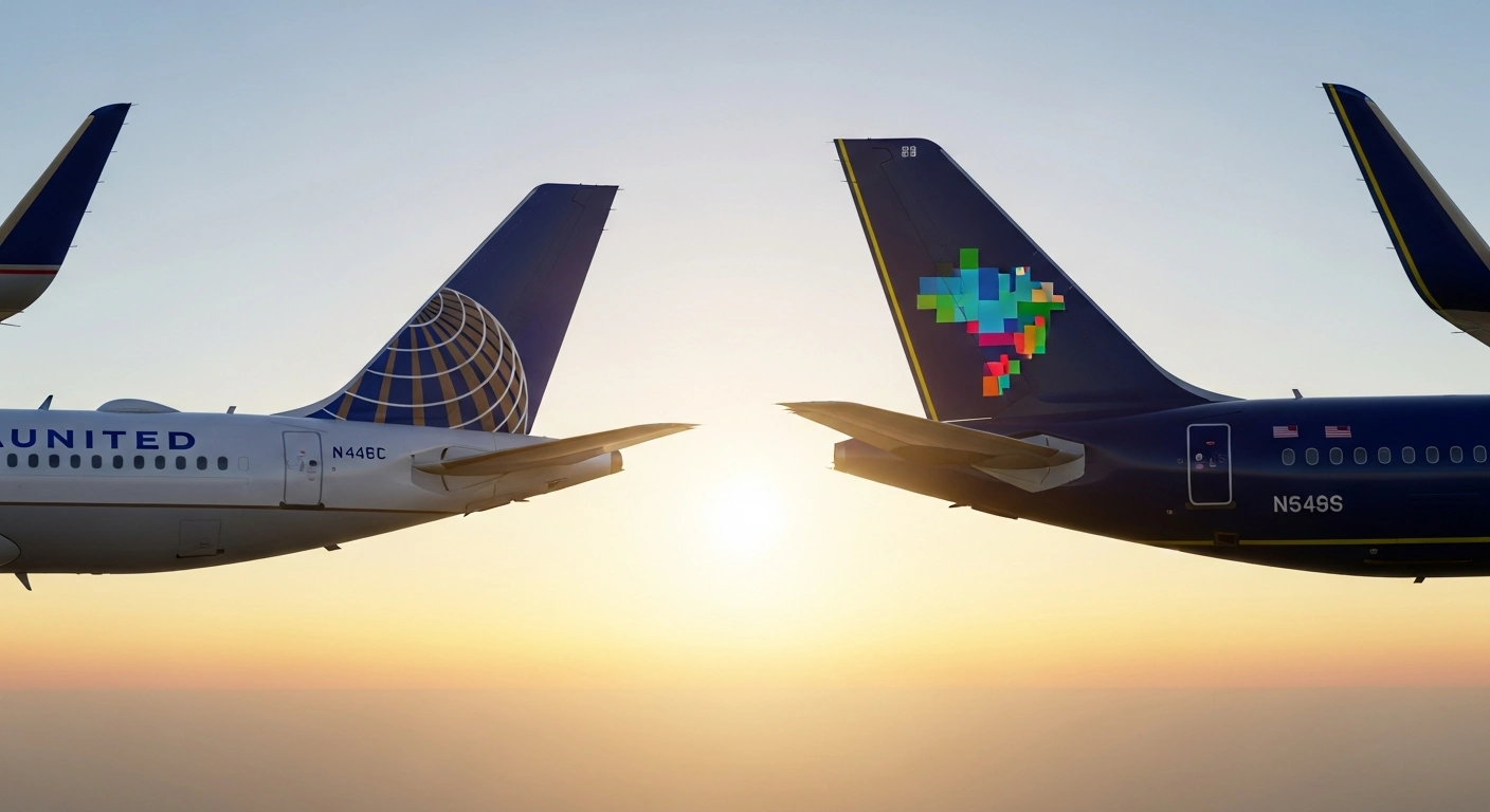 Two stylized airline tail fins, one representing United Airlines and the other Azul Linhas Aéreas Brasileiras, are depicted converging against a golden-hour sky, symbolizing United Airlines' US$100 million investment for an 8% stake in Azul, approved by Brazilian regulators to strengthen Azul's financial position and expand connectivity between the US and Brazil.