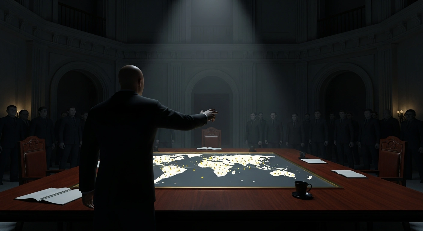 A low-angle shot depicts a powerful, silhouetted figure gesturing over an illuminated world map on a large mahogany table, flanked by stern, uniformly dressed observers in a grand, dimly lit chamber, symbolizing the United Russia party's 2026 initiative to establish a party-controlled network of international election observers for the Duma elections, replacing traditional monitoring.