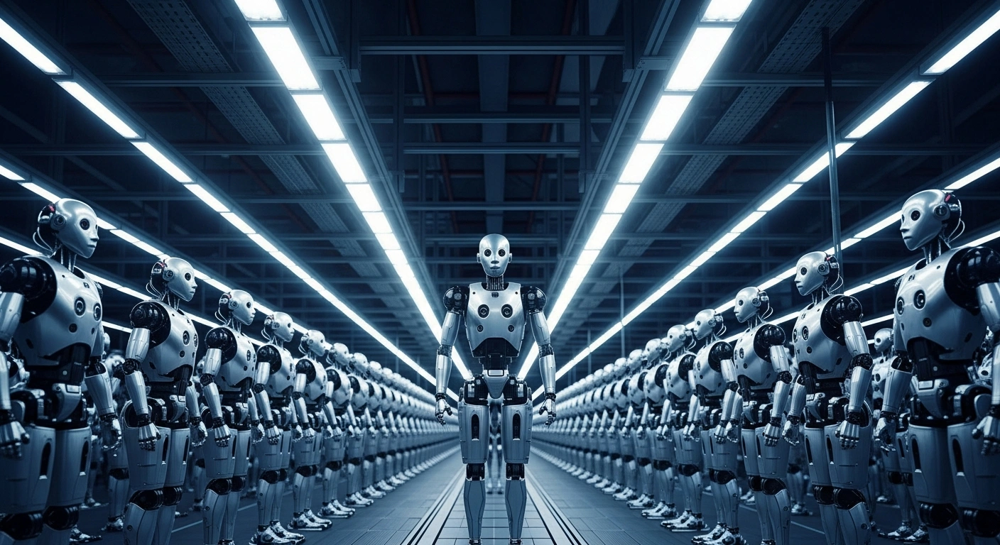A vast, brightly lit factory assembly line showcases numerous humanoid robots in various stages of production, symbolizing Unitree Robotics' ambitious goal to ship 20,000 units by 2026.