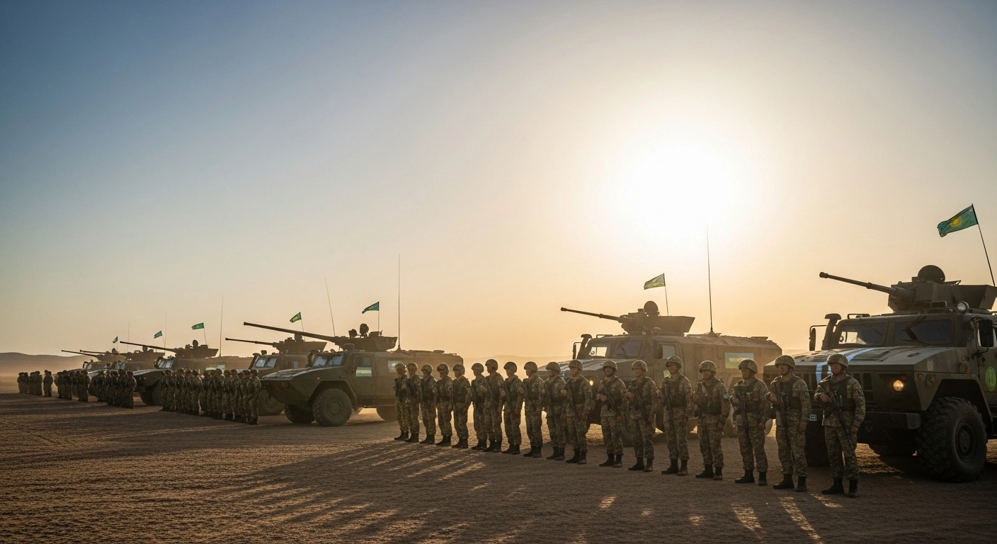 A wide shot shows a diverse convoy of military vehicles from Uzbekistan, Kazakhstan, Tajikistan, the Kyrgyz Republic, and Azerbaijan on a dusty desert training ground, with soldiers in formation, symbolizing the 'Unity – 2025' military exercise aimed at enhancing regional security and joint response capabilities.