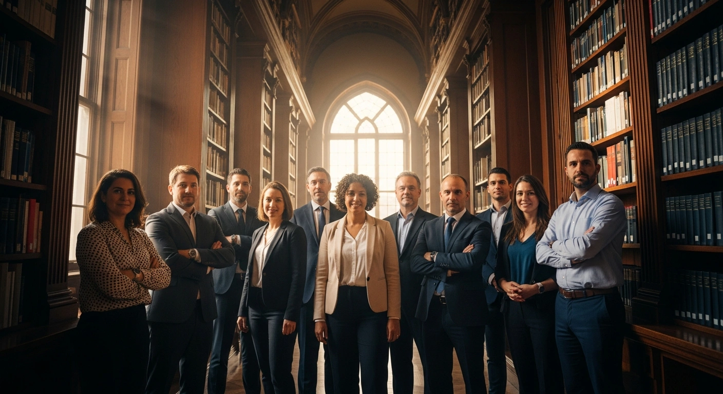 A group of University of Chicago Press employees stands together in a library to represent their successful unionization and formation of a new bargaining unit.