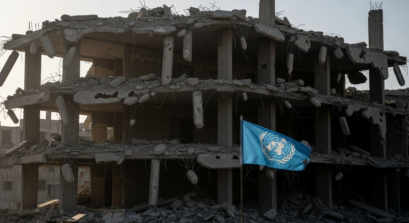 A wide, low-angle shot of a partially demolished concrete building in East Jerusalem, with a tattered UN flag standing amidst the rubble, symbolizing the condemned demolition of the UNRWA compound.