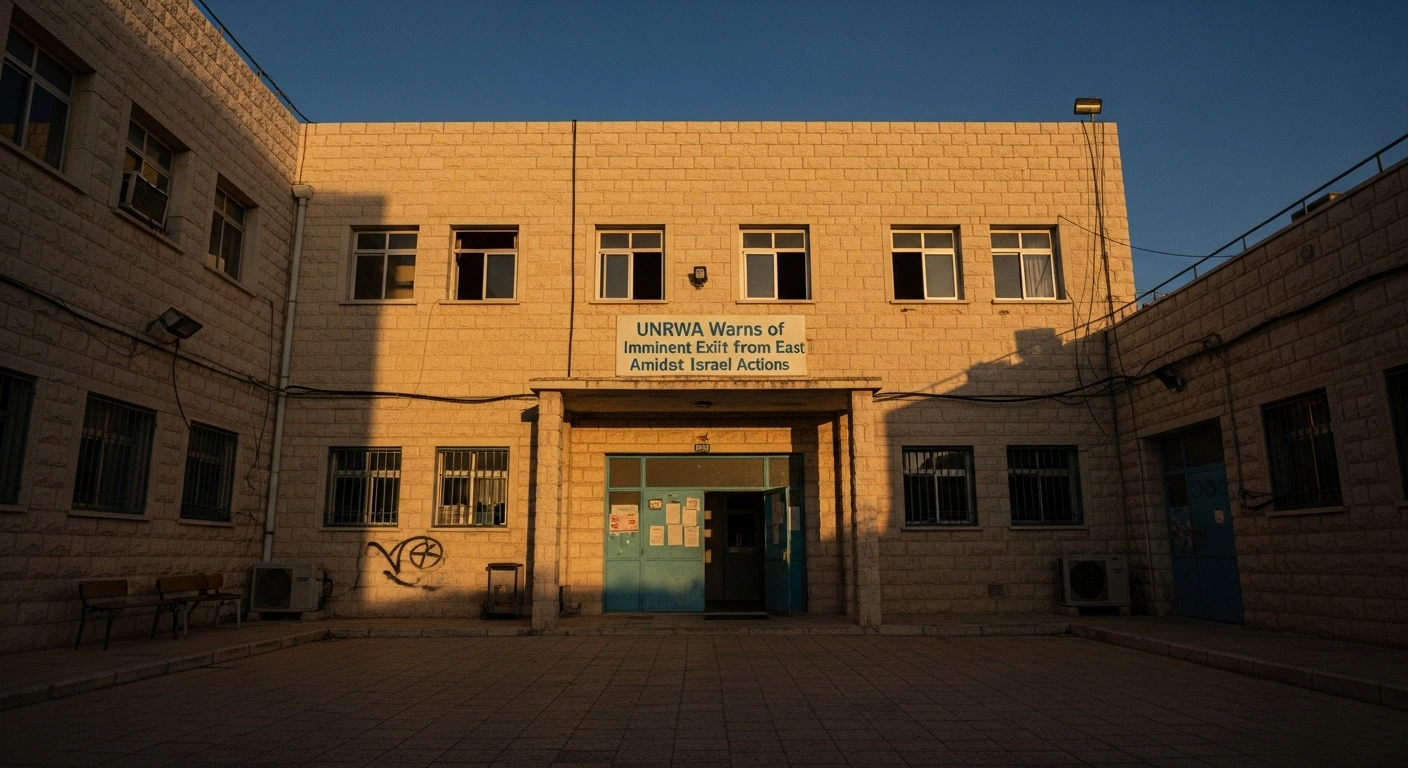 A wide, low-angle shot of a weathered UNRWA facility in East Jerusalem at dusk, with a single flickering light in a window, symbolizing the agency's threatened presence and potential closure due to Israeli actions.