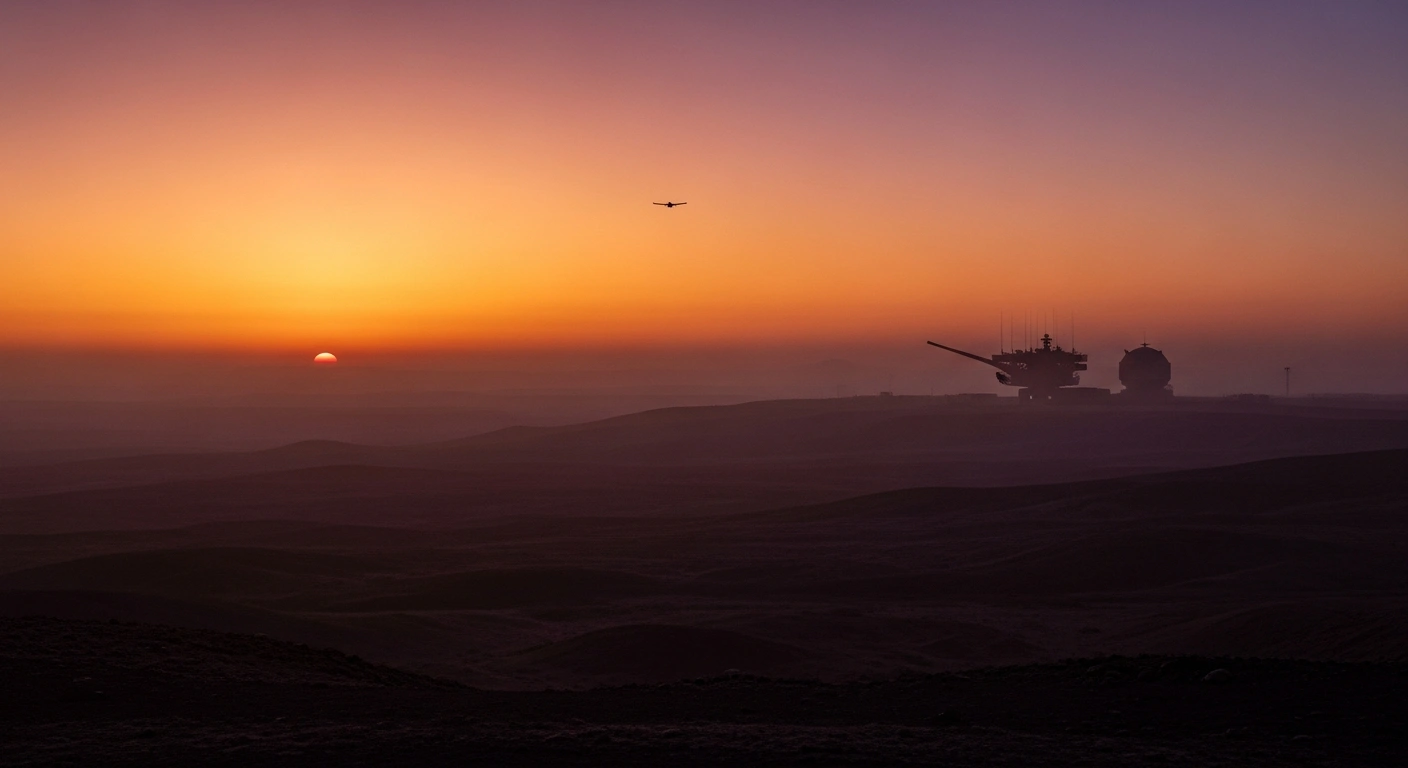 A desert landscape at sunset featuring a silent military air defense battery under a clear sky, representing the unverified reports of downed American fighter jets.