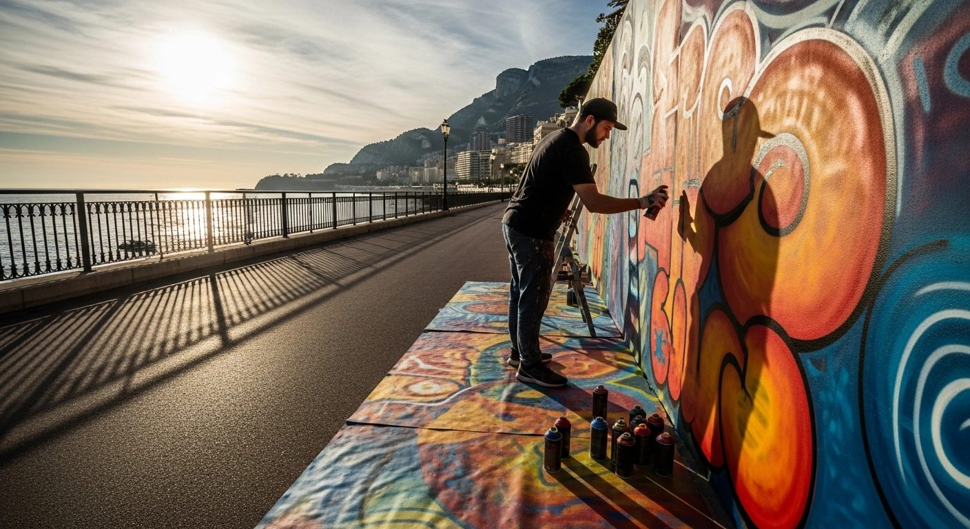 A street artist creates a mural at the UPAINT festival on the Promenade du Larvotto in Monaco.
