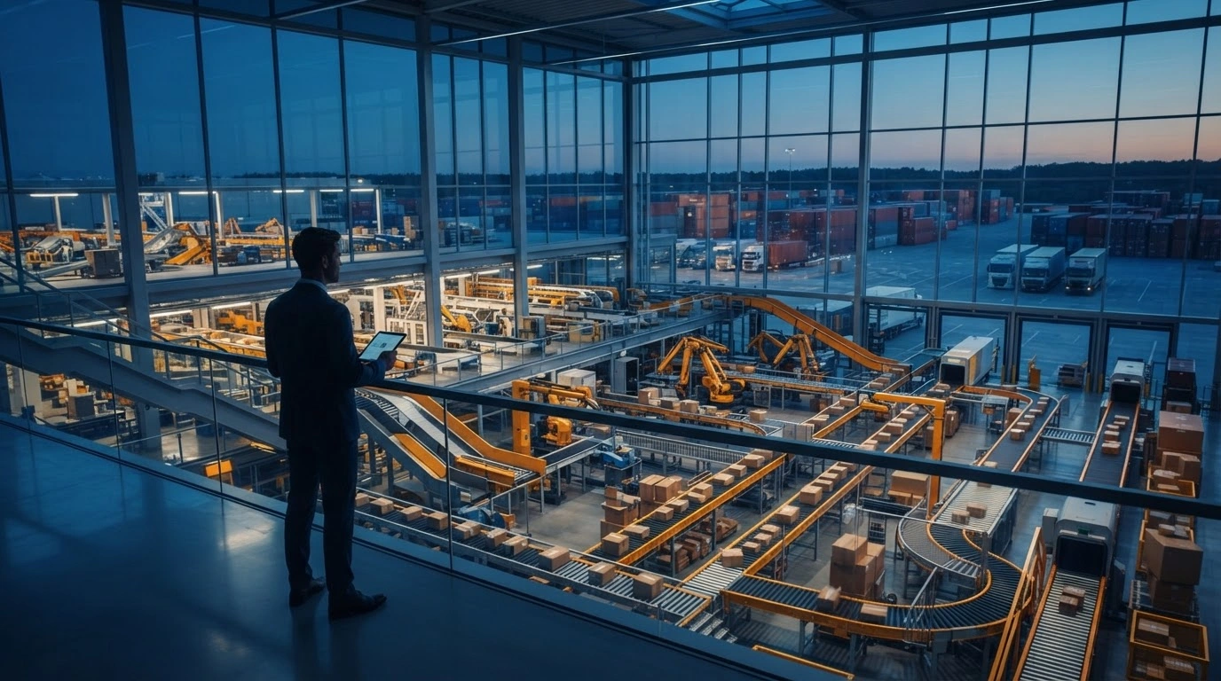 A professional executive oversees a modern, automated UPS logistics facility during a transition to a new global operating model.