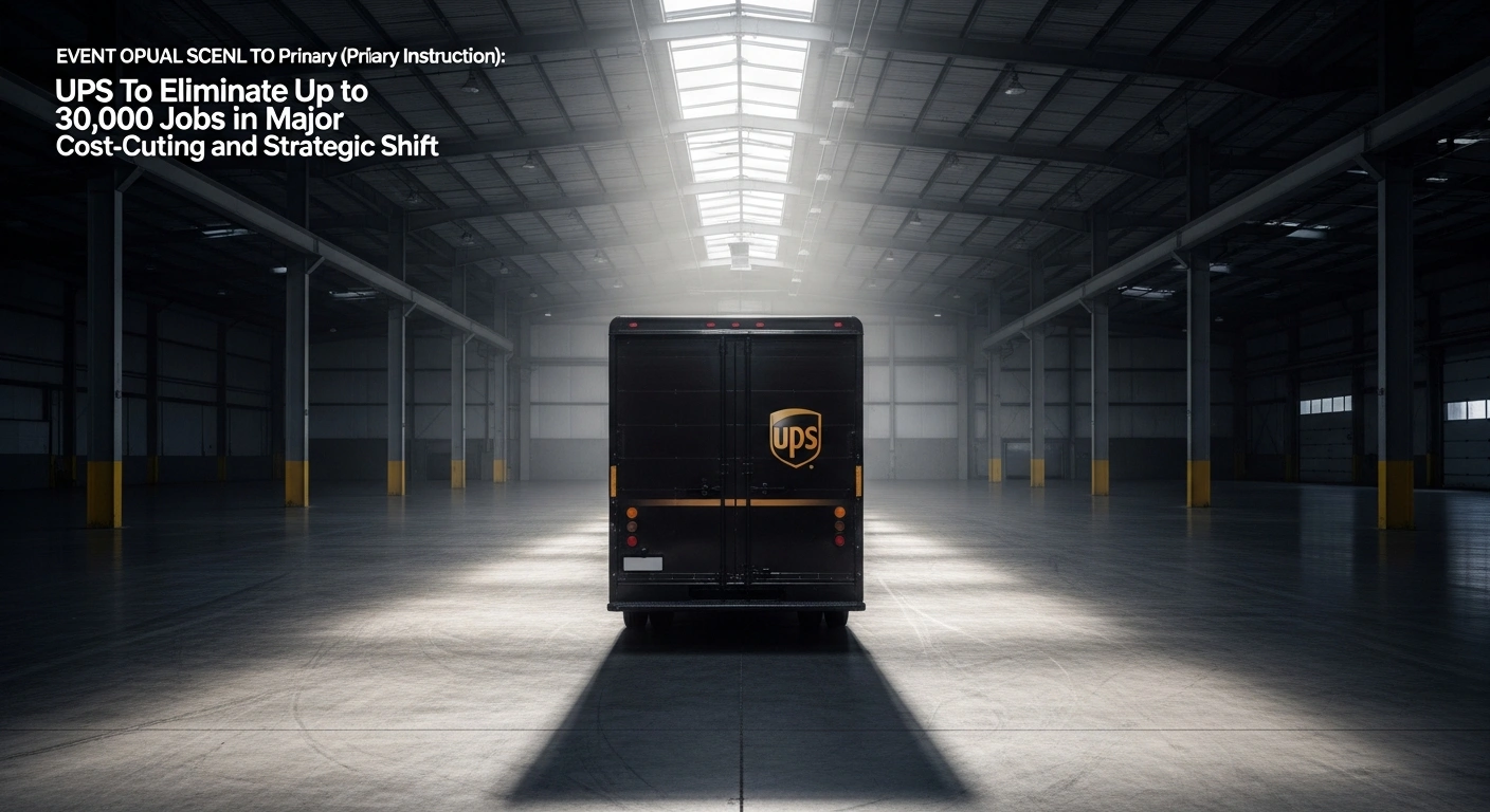 A weathered UPS delivery truck is parked alone in a large, empty industrial warehouse, illuminated by a single overhead light, symbolizing the company's plan to cut up to 30,000 operational jobs and reduce costs by $3 billion.