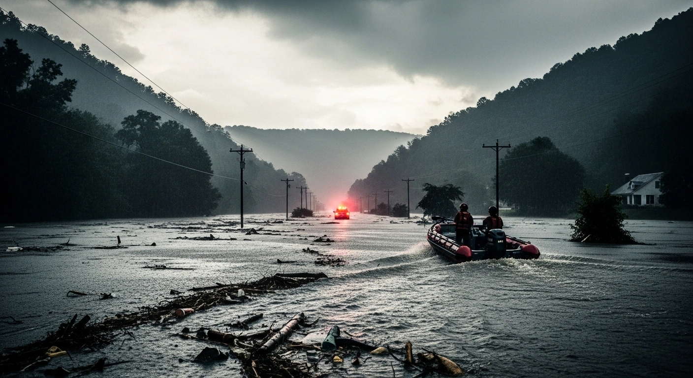 Emergency rescue crews navigate a boat through flooded streets in Upshur County, West Virginia, following catastrophic flash flooding.
