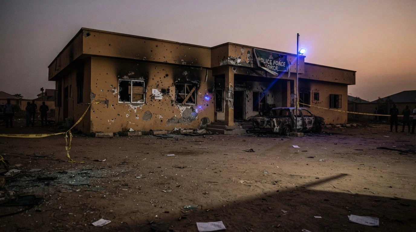The damaged exterior of the Uratta Police Station in Aba, Nigeria, shows signs of a violent attack following an assault that resulted in the deaths of two officers.
