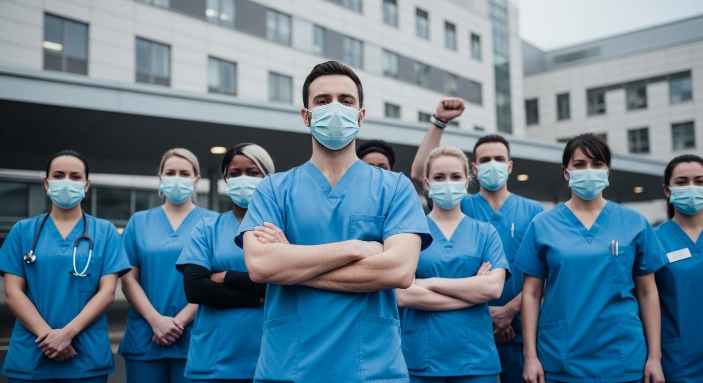A determined group of healthcare workers, representing the Unión de Trabajadores del Hospital de Clínicas (UTHC), stands in solidarity outside the Hospital de Clínicas in Montevideo, Uruguay, during a 24-hour strike in defense of the university budget for Universidad de la República (Udelar) and public education.
