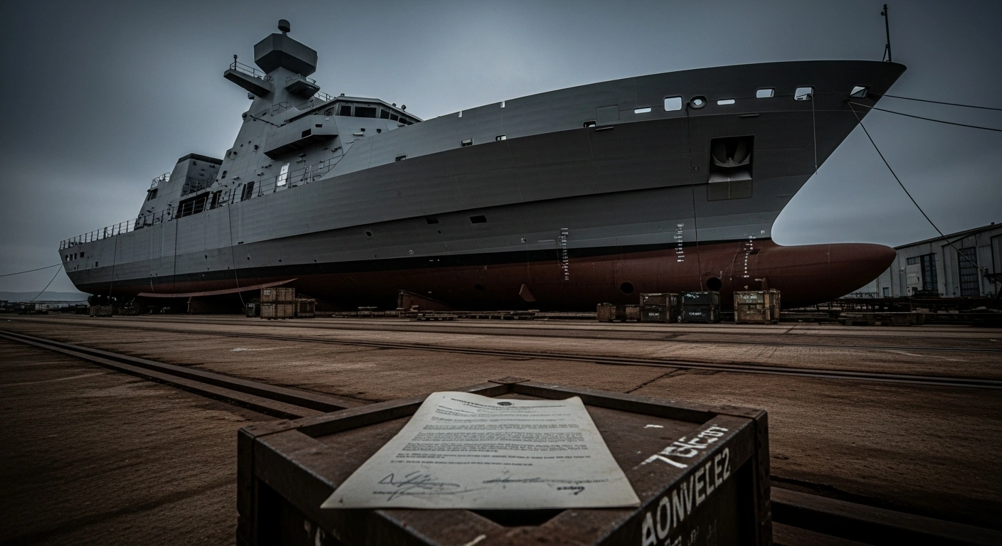 The unfinished steel hull of an offshore patrol vessel sits in a shipyard as the Uruguayan government pursues legal action against the Spanish shipyard Cardama.