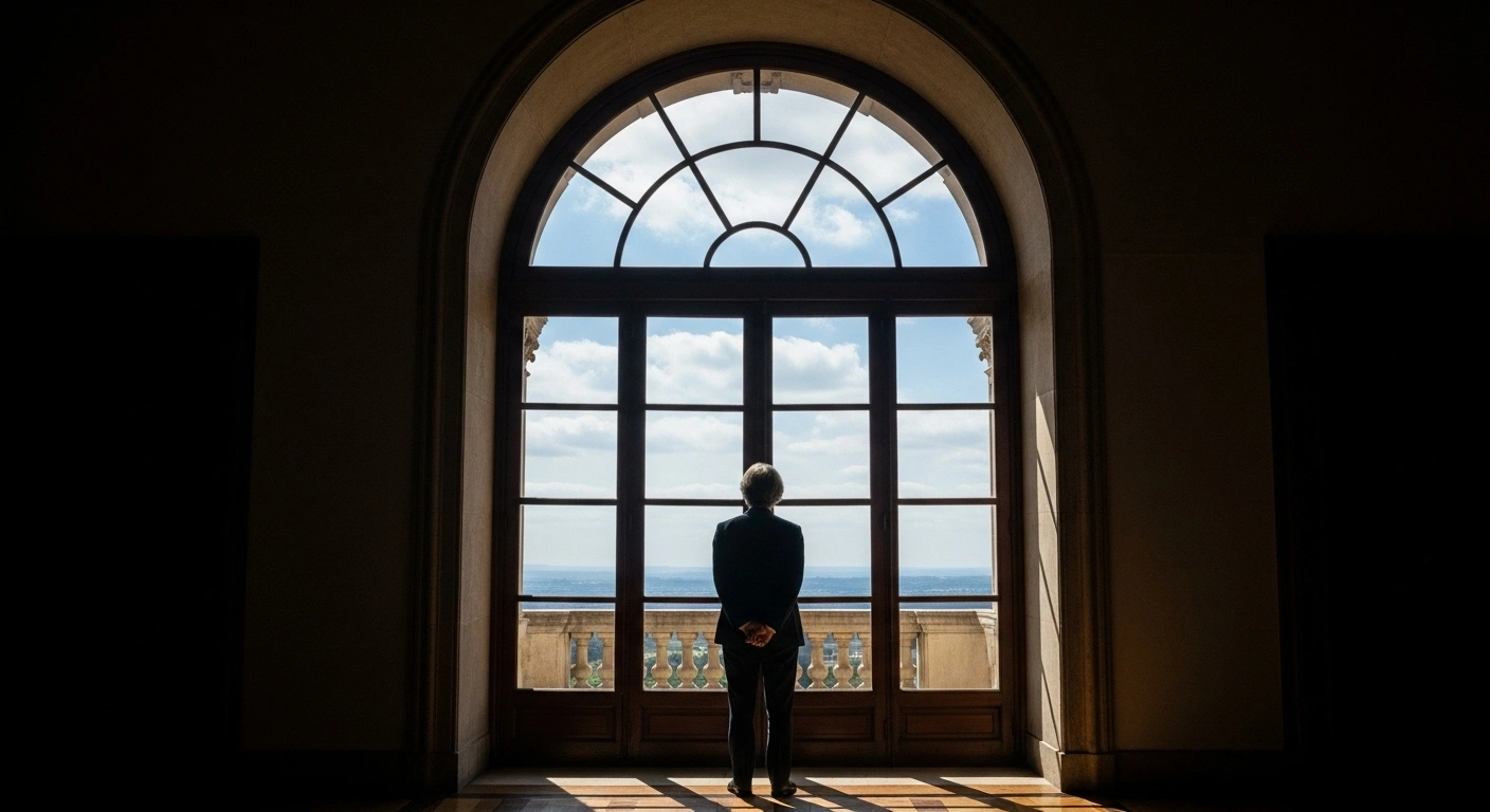 A solitary figure, representing Uruguay's leadership, stands before a grand, arched window with soft light filtering through, overlooking a subtly blurred, vast landscape that hints at distant humanitarian crises and global challenges.