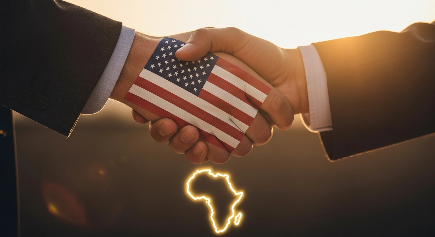 A low-angle shot shows two hands, one representing the United States and the other a collective of African nations, engaged in a firm handshake over a subtly glowing, stylized map of Africa, symbolizing new global health agreements totaling nearly $2.3 billion with Madagascar, Sierra Leone, Botswana, and Ethiopia, emphasizing co-investment.