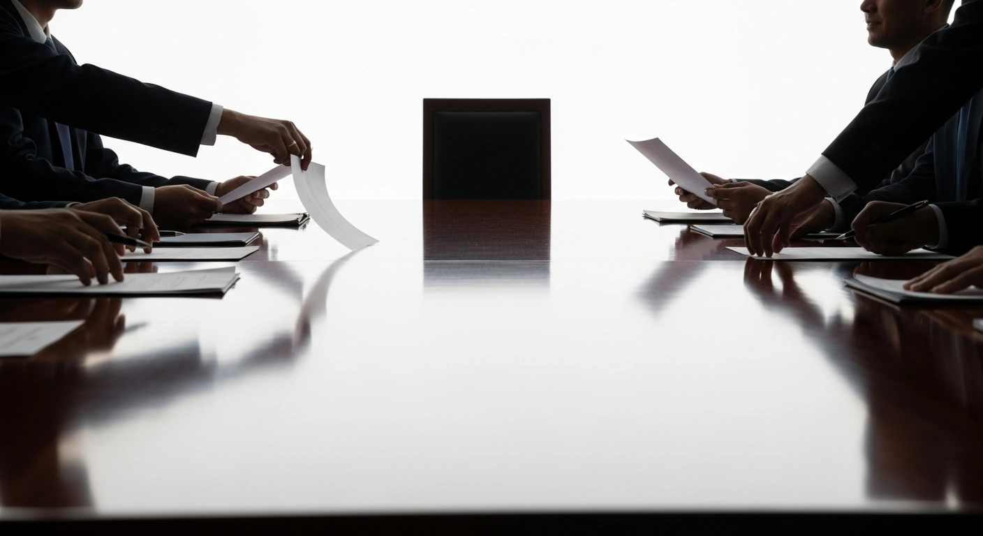A long, polished conference table with several hands reaching for documents, but one chair is conspicuously empty and pushed back, symbolizing South Africa's exclusion from new US health agreements with nine other African nations following funding cuts for HIV/AIDS programs due to political disputes.