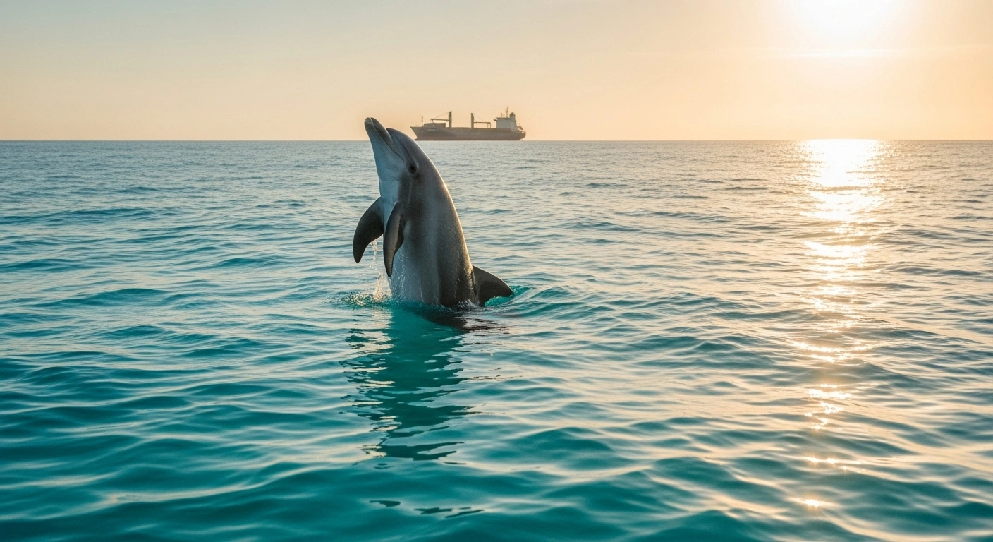 A majestic dolphin breaches from clear turquoise waters at golden hour, with a modern cargo ship sailing in the distant background, symbolizing the United States' approval of seafood exports from South Africa and other African nations under marine mammal protection guidelines.