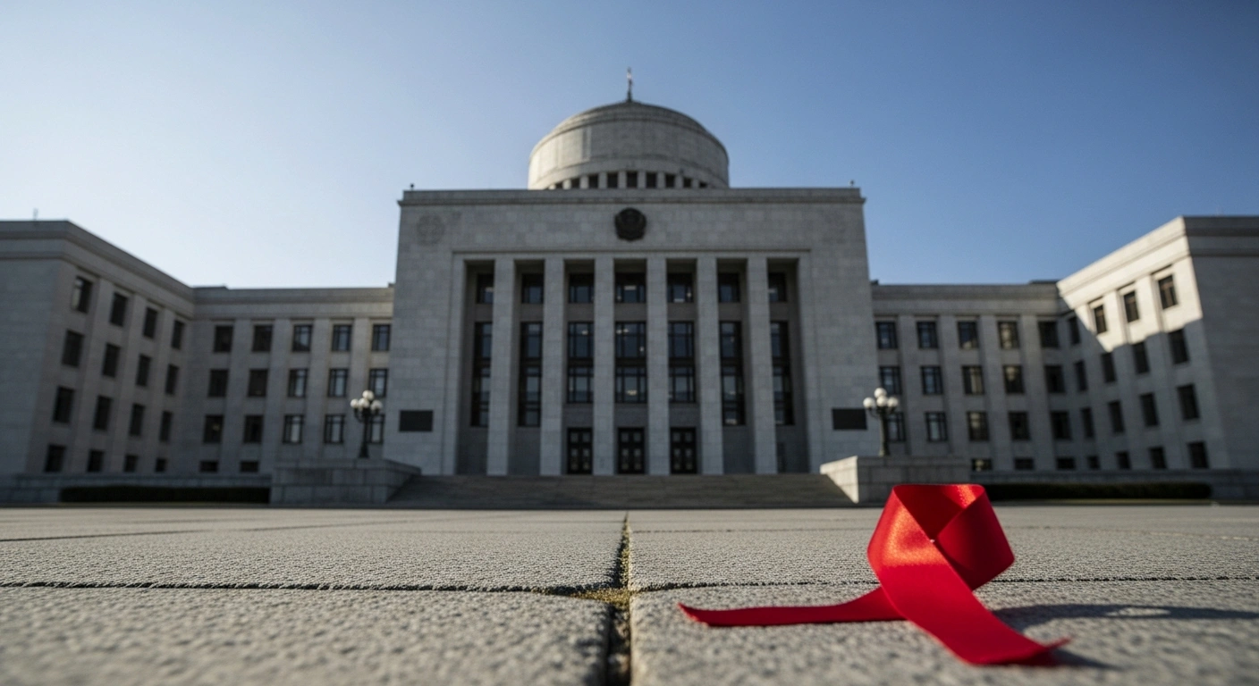 A vibrant red ribbon lies crumpled on cracked concrete in the foreground, set against the imposing, grey marble facade of a government building under harsh late afternoon light, symbolizing the US State Department's decision not to officially commemorate World AIDS Day 2025.