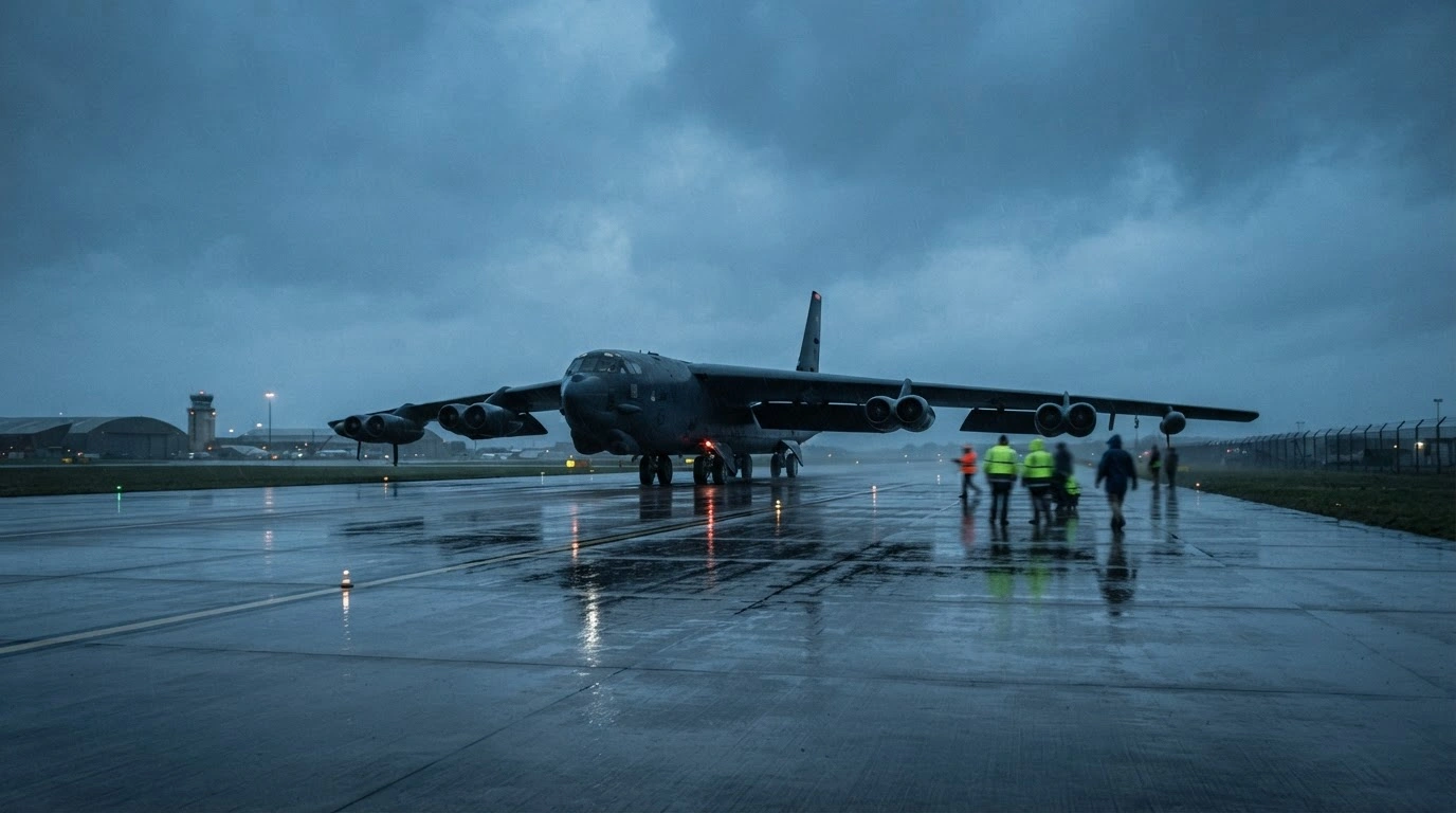 A U.S. Air Force B-52 bomber departs from RAF Fairford in the United Kingdom following a security incident.