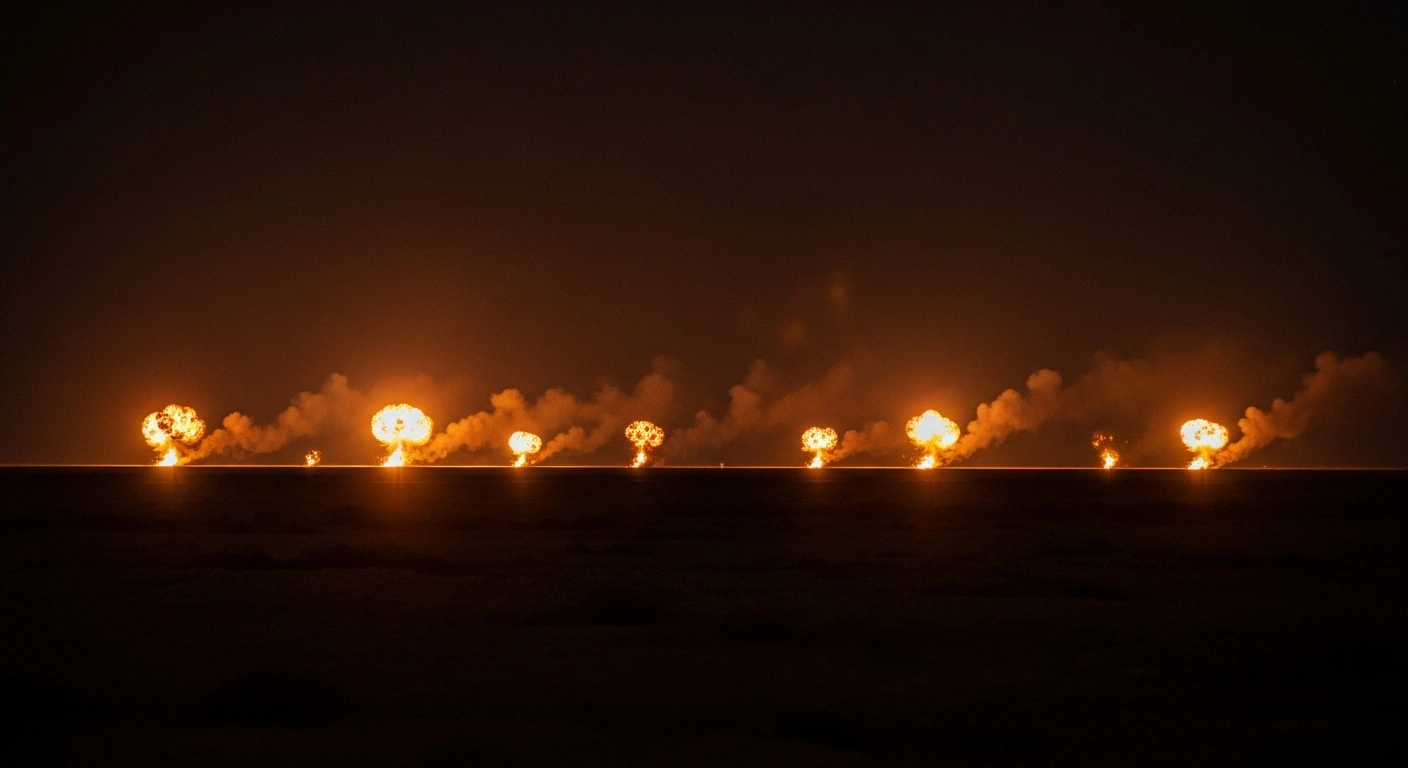 A night scene in the Syrian desert shows multiple fiery explosions and rising smoke from large-scale United States military airstrikes against ISIS targets on December 19, 2025, in retaliation for an ambush that killed US soldiers Sgt. Edgar Brian Torres-Tovar and Sgt. William Nathaniel Howard, and civilian interpreter Ayad Mansoor Sakat.