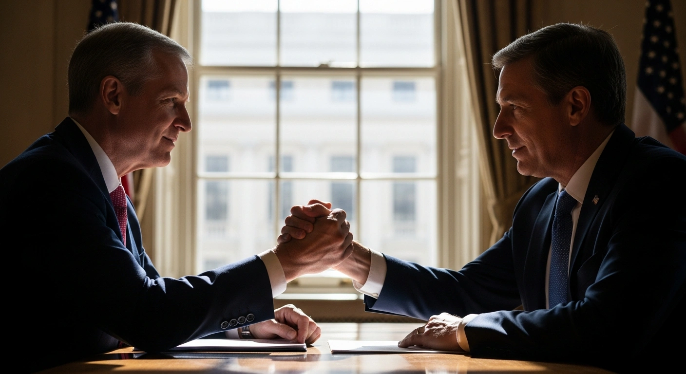 A photorealistic image depicts U.S. Deputy Secretary of State Christopher Landau and Argentine Minister of Foreign Affairs Pablo Quirno in a formal Washington D.C. setting, their hands clasped on a polished table during a discussion to bolster bilateral cooperation on critical minerals, secure supply chains, and deepen economic and investment ties at the Critical Minerals Ministerial.