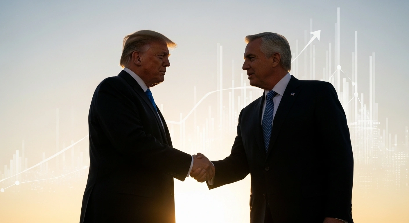 US President Donald Trump and Argentine President Javier Milei shake hands firmly, symbolizing the United States' commitment to providing substantial financial support to Argentina for economic stabilization, including a potential $20 billion currency swap and debt purchases.