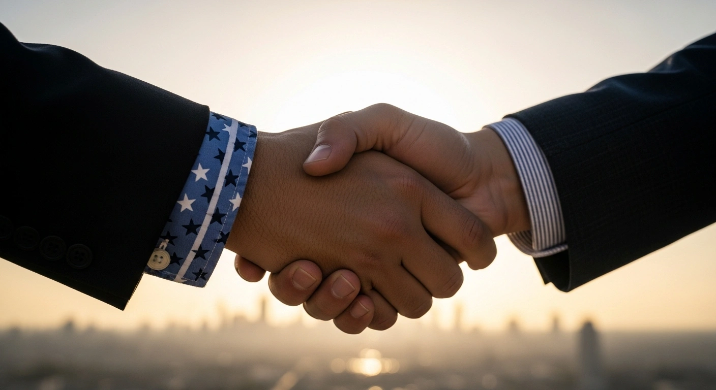 A close-up, low-angle shot depicts two hands, one with a star-spangled cufflink and the other with a blue and white pattern, clasped in a firm handshake against a blurred, sun-drenched cityscape, symbolizing the US Treasury's $20 billion economic support package for Argentina to stabilize its economy after discussions between Presidents Javier Milei and Donald Trump.