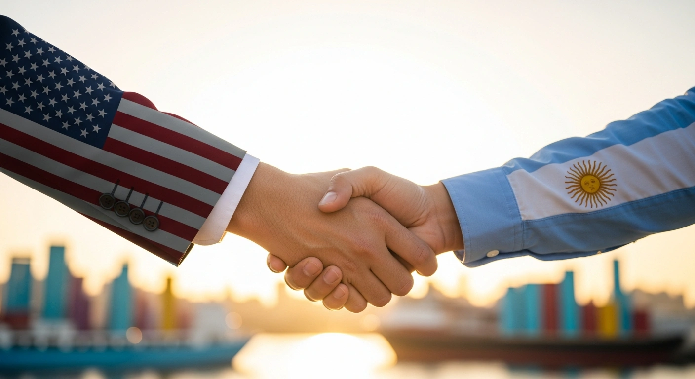 Two hands, one representing the United States and the other Argentina, shake firmly against a backdrop of a bustling port, symbolizing the recently signed Reciprocal Trade and Investment Agreement between Argentina and the United States, which includes significant tariff reductions and is projected to boost Argentine exports by over US$1.8 billion.