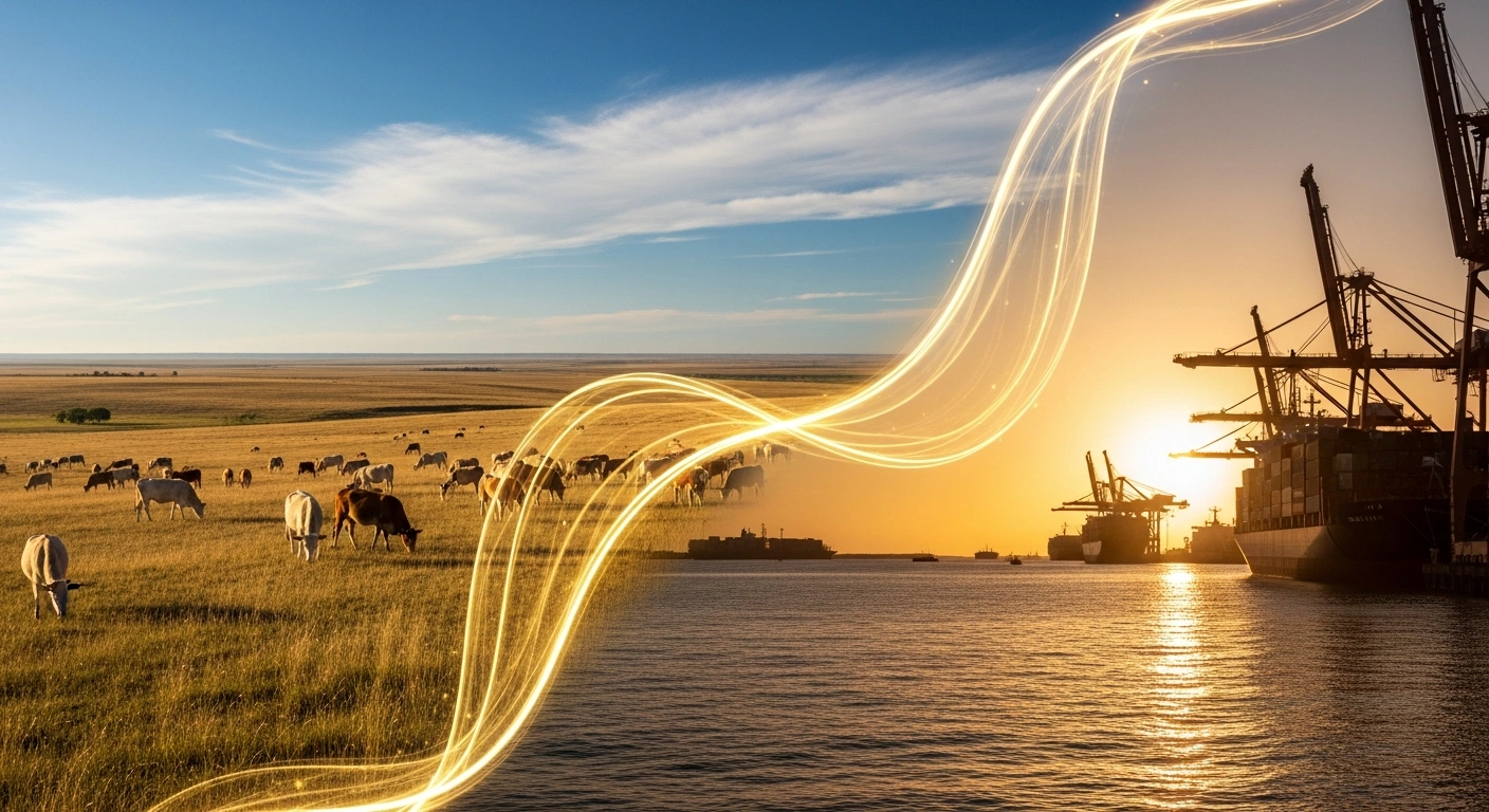 A wide, cinematic image visually represents the comprehensive trade agreement between the United States and Argentina, showing the golden pampas of Argentina seamlessly merging with a bustling American port, connected by a symbolic golden ribbon of light, signifying eased trade restrictions, economic stimulation, and market access for agricultural and industrial products.