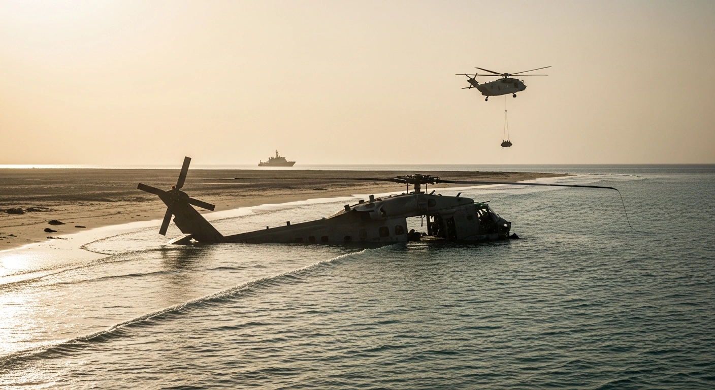 A U.S. Army helicopter wreckage lies in shallow water near the Strait of Hormuz following a training exercise crash.