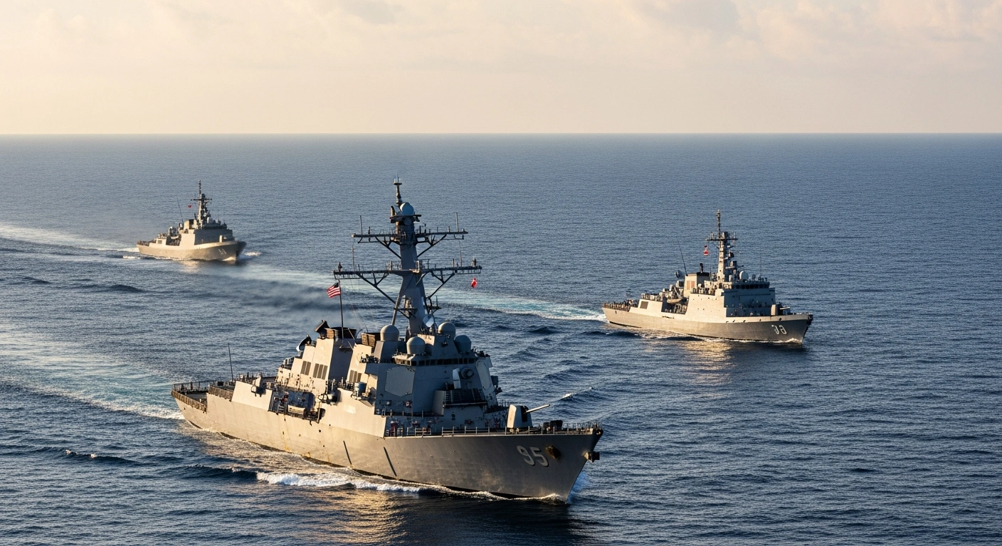 A modern U.S. Navy destroyer with a rotating radar dish sails alongside a smaller Southeast Asian patrol vessel at dawn in the South China Sea, illustrating enhanced maritime cooperation, technology sharing, and joint surveillance capabilities to address regional security concerns.