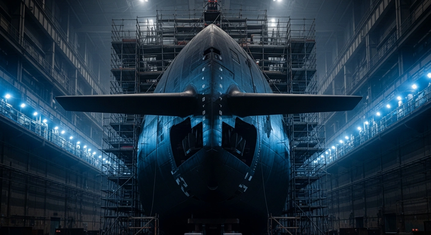A colossal Virginia-class submarine, partially obscured by scaffolding and shadows in a dimly lit dry dock, visually represents escalating concerns over the US's ability to deliver these submarines to Australia under the AUKUS agreement due to production shortfalls and congressional skepticism.