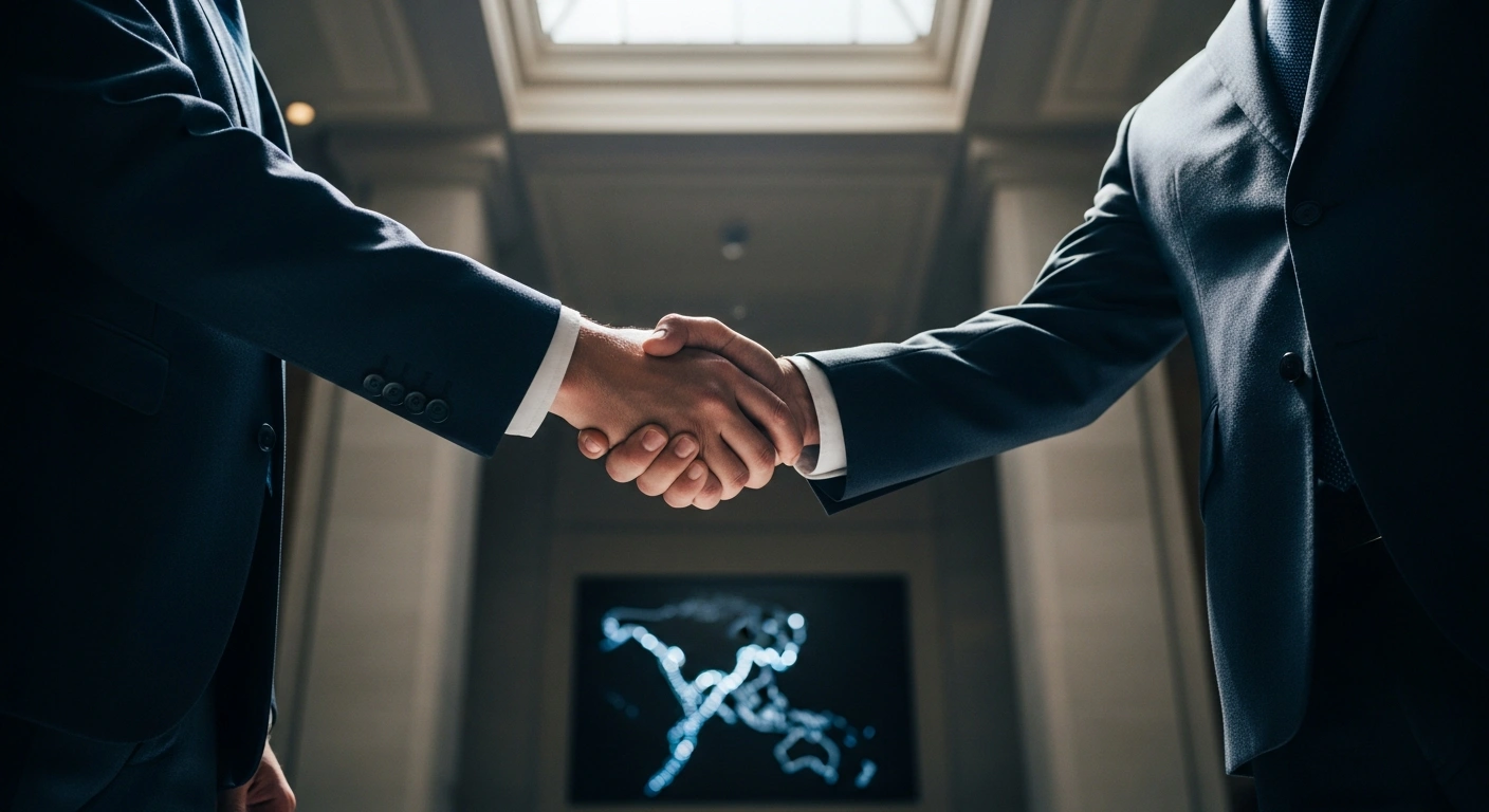 A low-angle photograph depicts two high-ranking officials, representing the United States and Australia, engaged in a firm handshake within a modern government building, symbolizing their 40th annual Ministerial Consultations (AUSMIN) in Washington, D.C., focused on strengthening defense cooperation, enhancing industrial base capabilities, and advancing shared security interests in the Indo-Pacific region, including commitments regarding AUKUS and critical minerals.